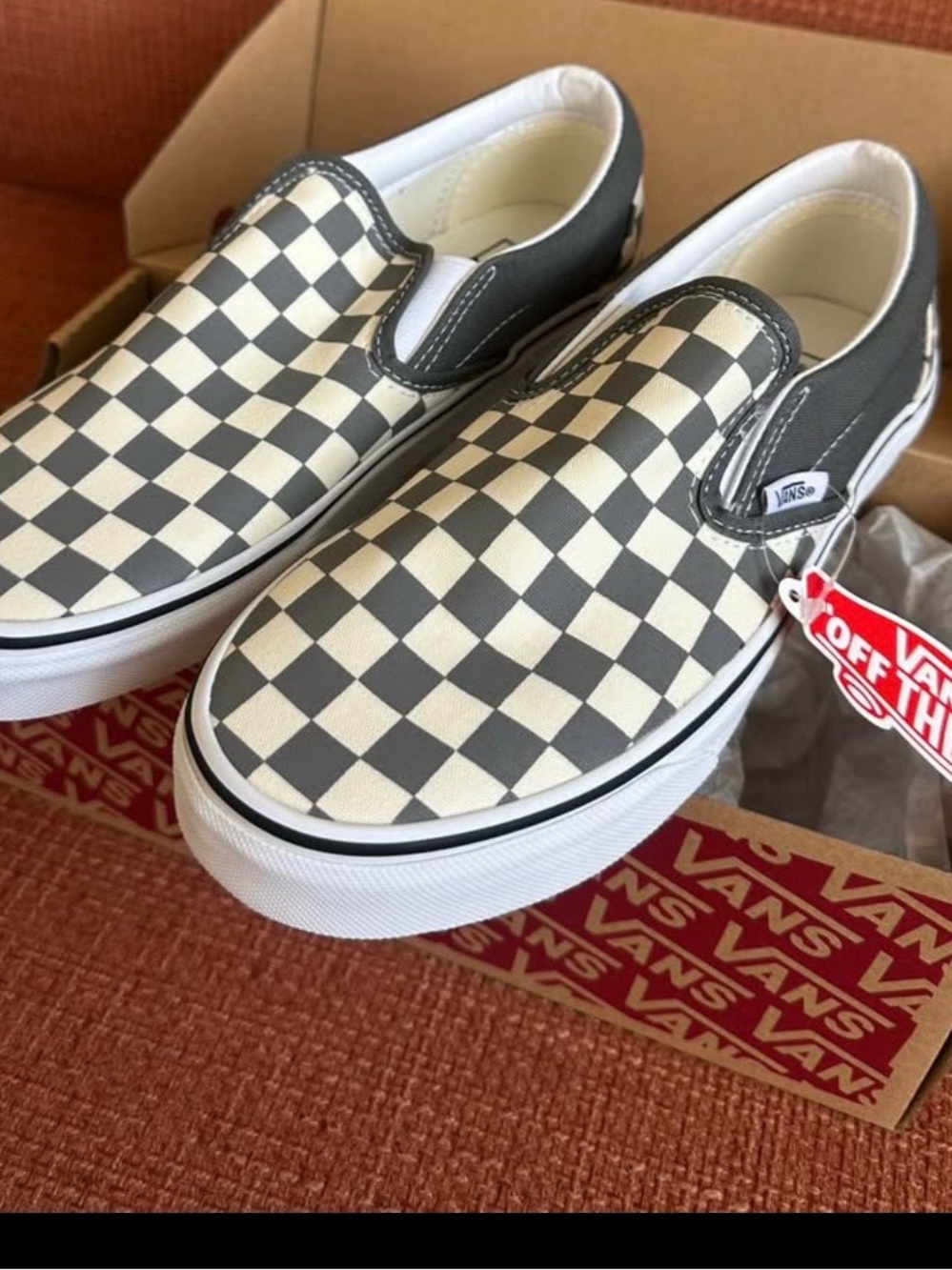 Vans Classic Slip-On Checkerboard Sneakers - Grey and Creamy White